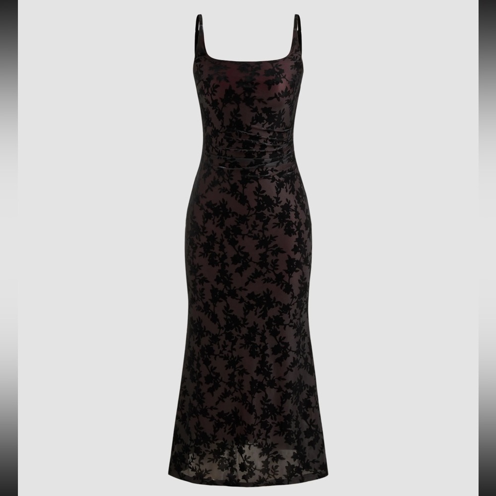 SQUARE NECK SOLID FLORAL RUCHED MAXI DRESS